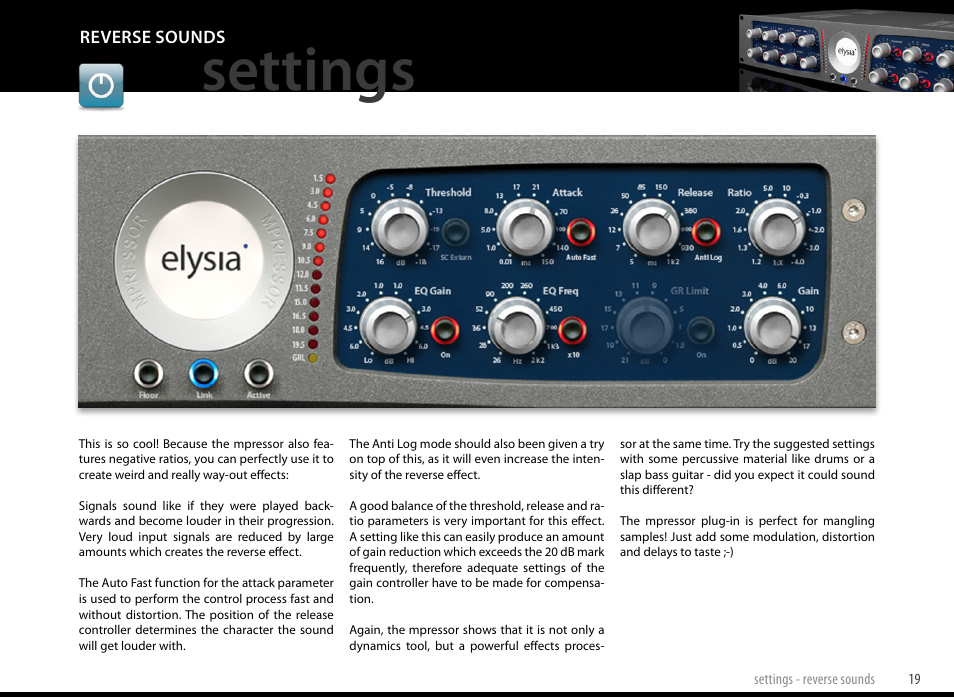 Reverse sounds, Settings | elysia mpressor Dual-Channel Creative Compressor User Manual | Page 19 / 29
