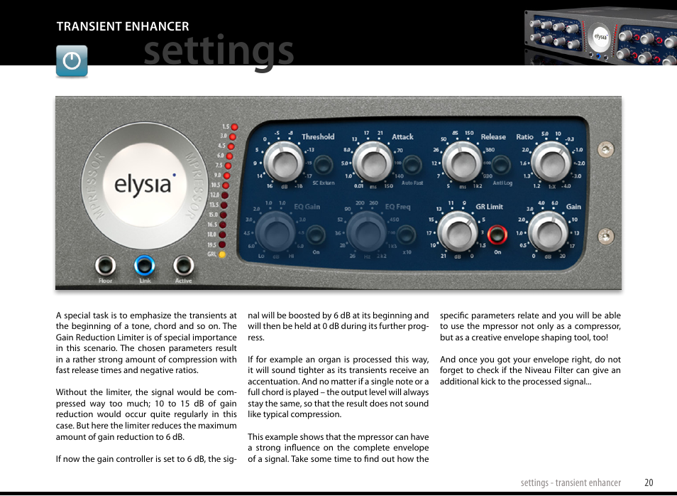 Transient enhancer, Settings | elysia mpressor Dual-Channel Creative Compressor User Manual | Page 20 / 29