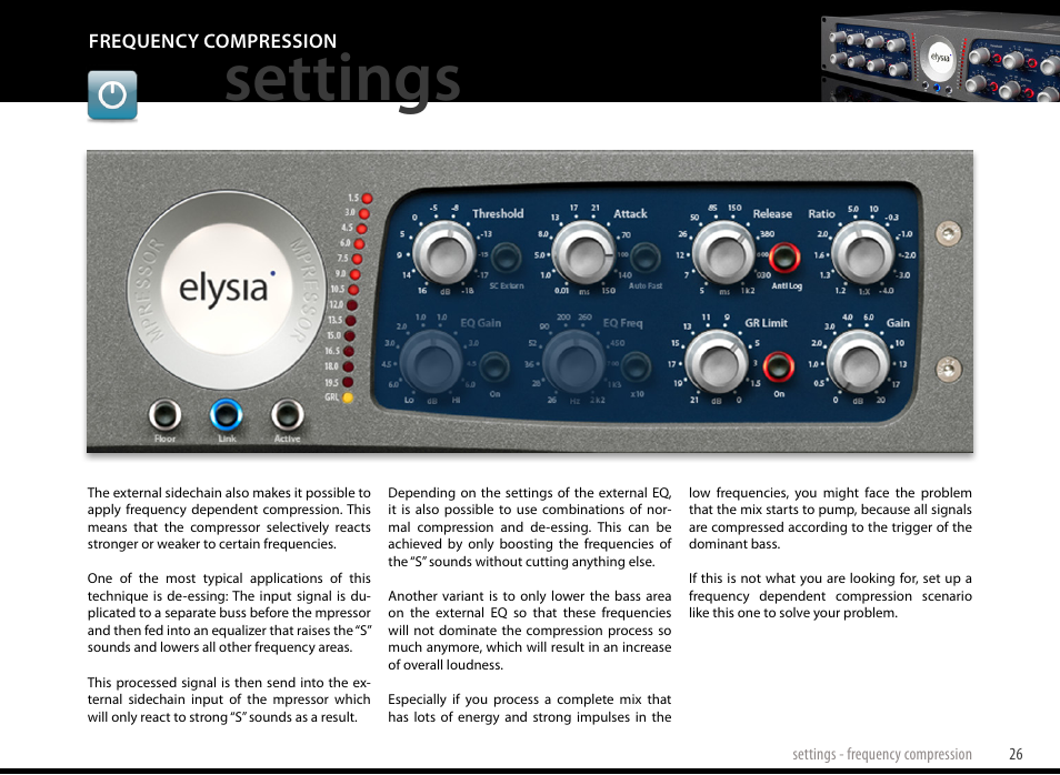Frequency compression, Settings | elysia mpressor Dual-Channel Creative Compressor User Manual | Page 26 / 29