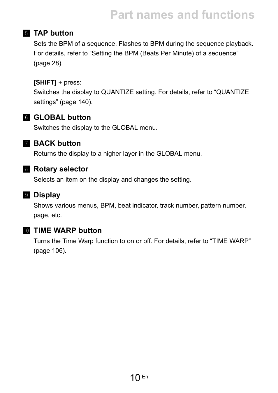 Part names and functions | Pioneer Toraiz SQUID - Creative Multitrack Sequencer User Manual | Page 10 / 177