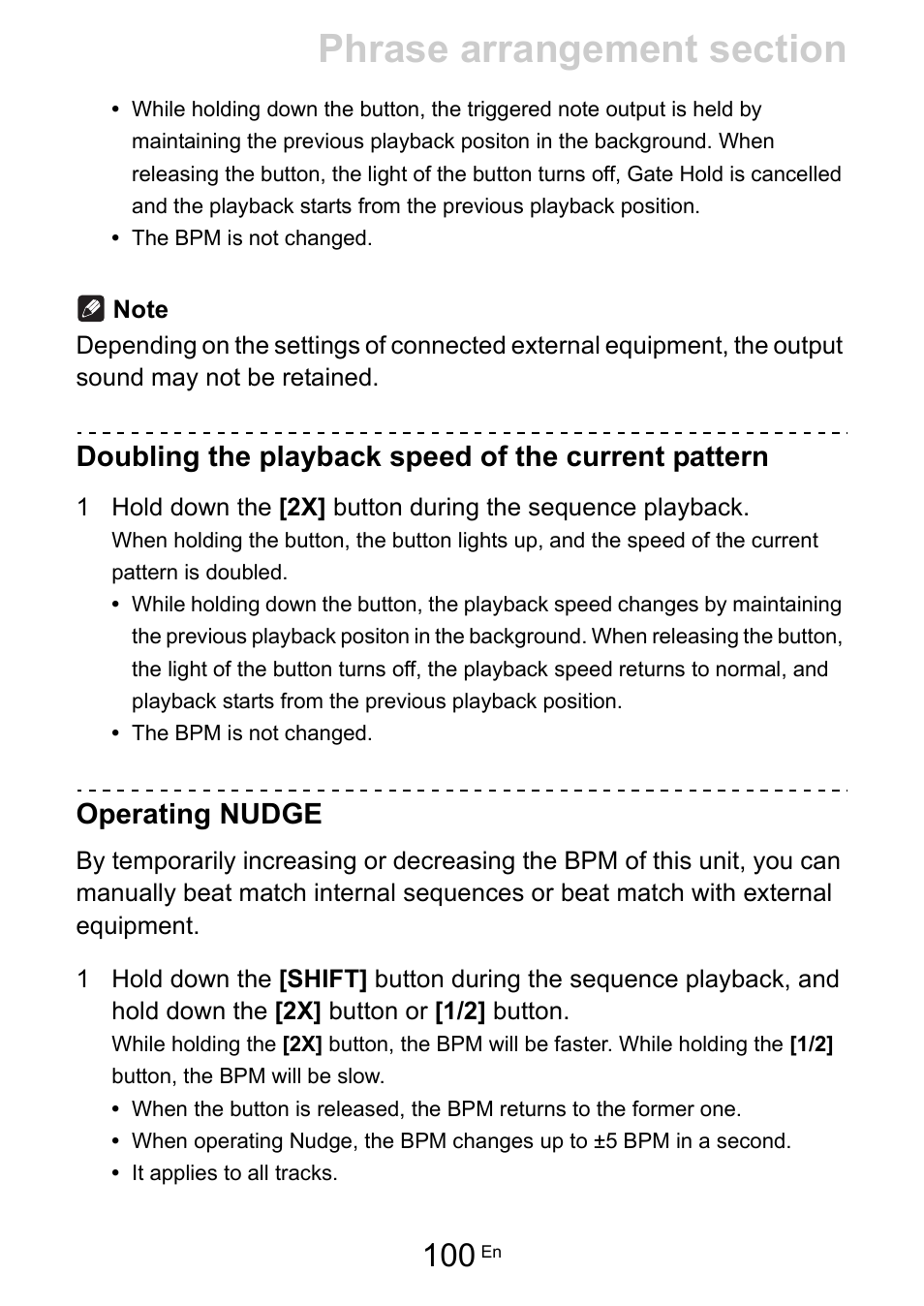 Doubling the playback speed of the current pattern, Operating nudge | Pioneer Toraiz SQUID - Creative Multitrack Sequencer User Manual | Page 100 / 177