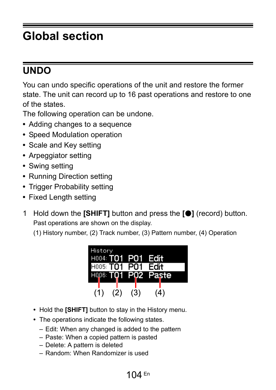Global section, Undo | Pioneer Toraiz SQUID - Creative Multitrack Sequencer User Manual | Page 104 / 177