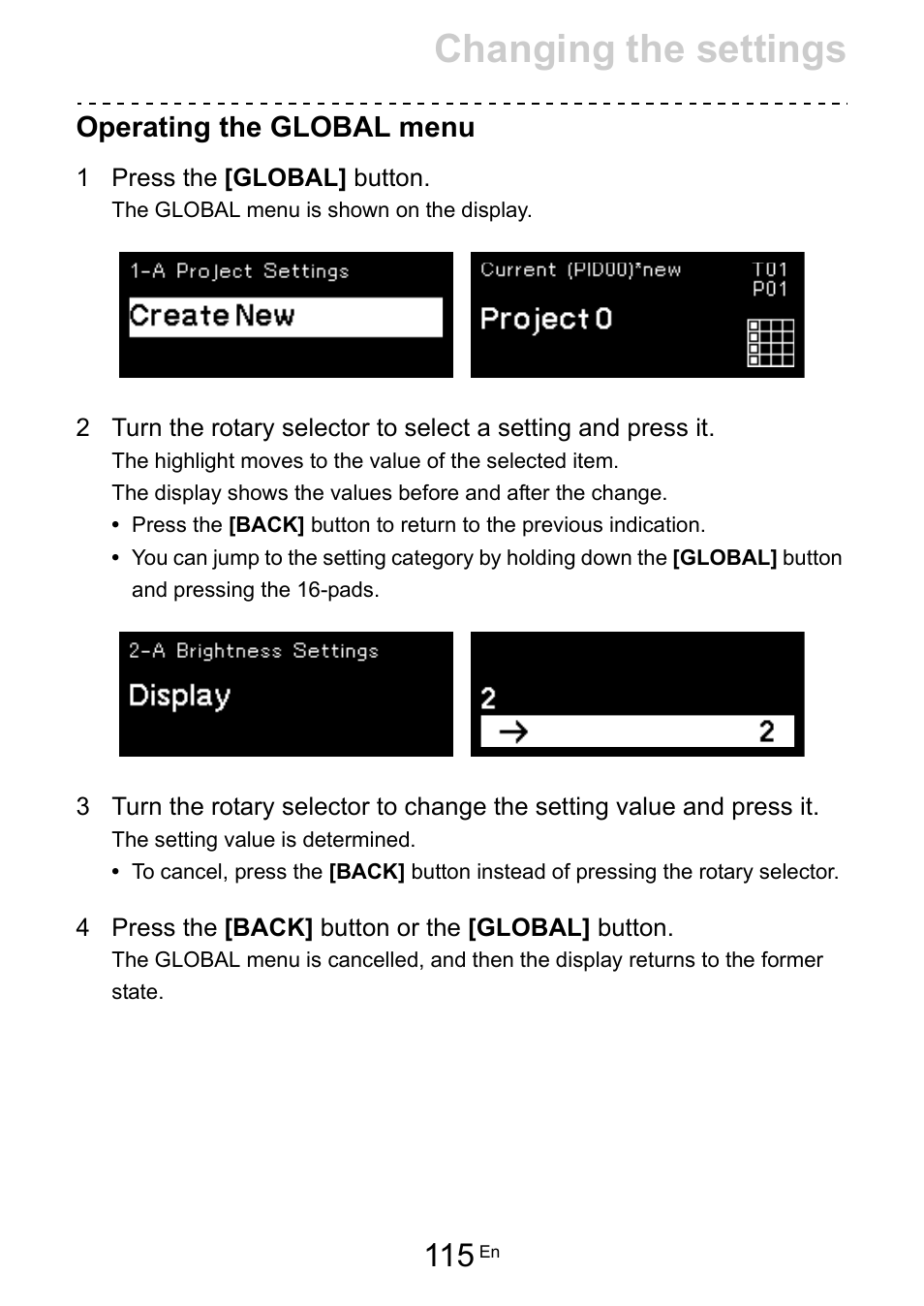 Operating the global menu, Changing the settings | Pioneer Toraiz SQUID - Creative Multitrack Sequencer User Manual | Page 115 / 177