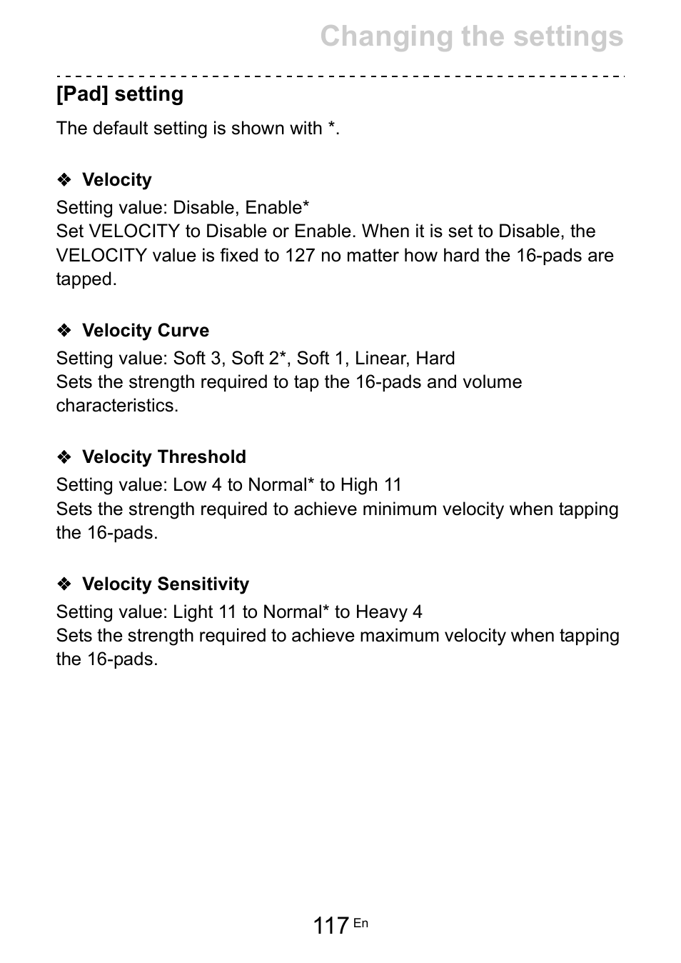 Pad] setting, Velocity, Velocity curve | Velocity threshold, Velocity sensitivity, Pad] setting (117), Velocity (117), E (117), Shold (117), Itivity (117 | Pioneer Toraiz SQUID - Creative Multitrack Sequencer User Manual | Page 117 / 177