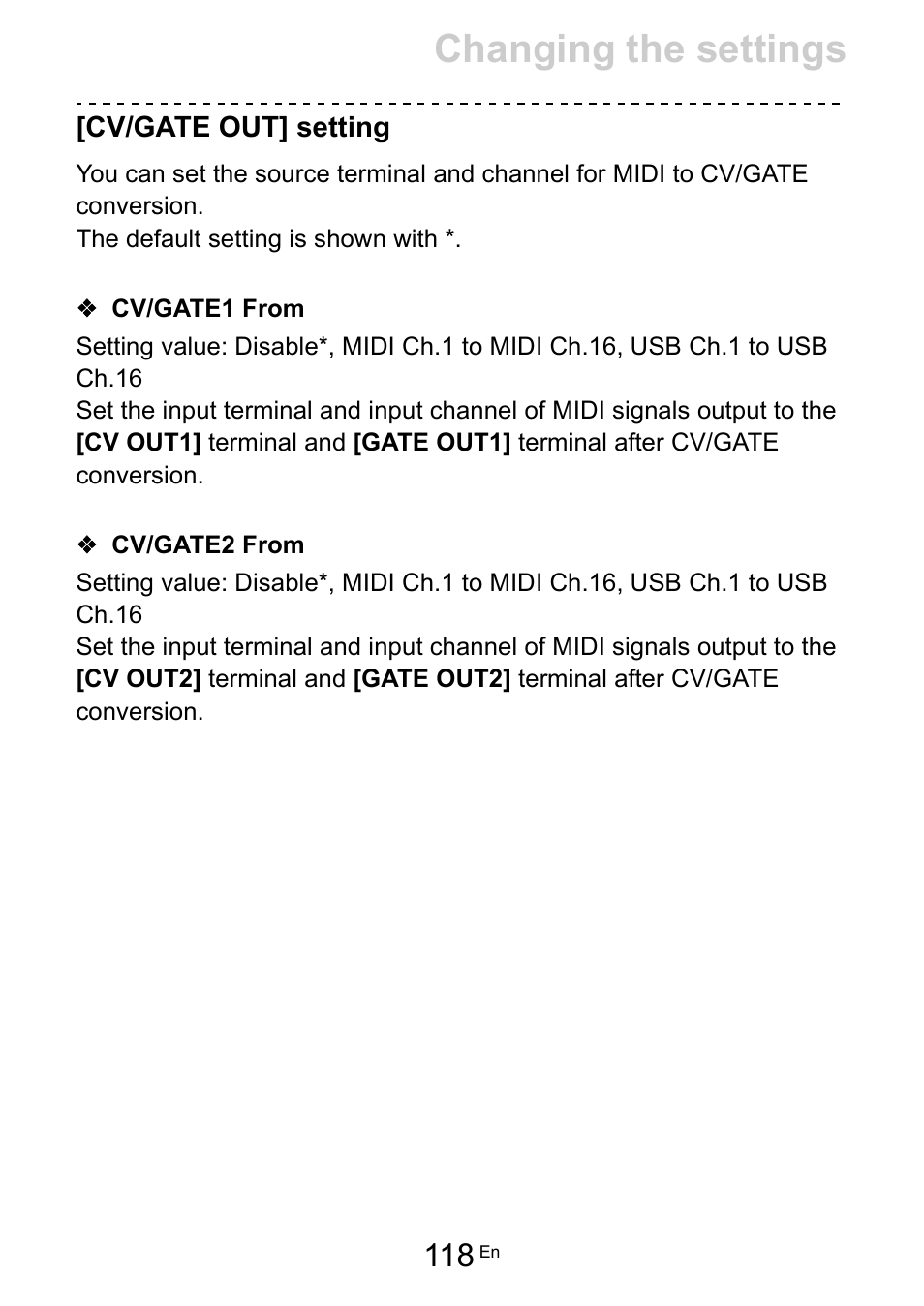 Cv/gate out] setting, Cv/gate1 from, Cv/gate2 from | Cv/gate out] setting (118), Cv/gate1 from (118), Cv/gate2 from (118), Changing the settings | Pioneer Toraiz SQUID - Creative Multitrack Sequencer User Manual | Page 118 / 177