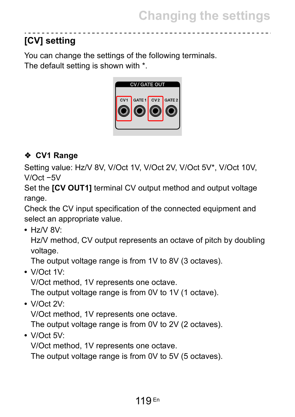 Cv] setting, Cv1 range, Cv] setting (119) | Cv1 range (119), Changing the settings | Pioneer Toraiz SQUID - Creative Multitrack Sequencer User Manual | Page 119 / 177