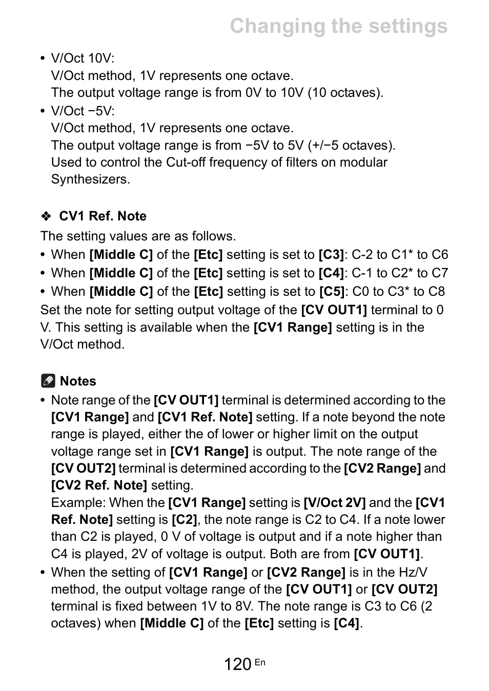 Cv1 ref. note, Cv1 ref. note (120), Changing the settings | Pioneer Toraiz SQUID - Creative Multitrack Sequencer User Manual | Page 120 / 177