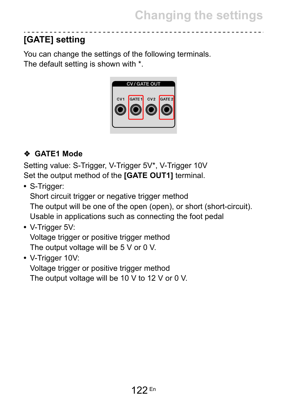 Gate] setting, Gate1 mode, Gate] setting (122) | Gate1 mode (122), Changing the settings | Pioneer Toraiz SQUID - Creative Multitrack Sequencer User Manual | Page 122 / 177