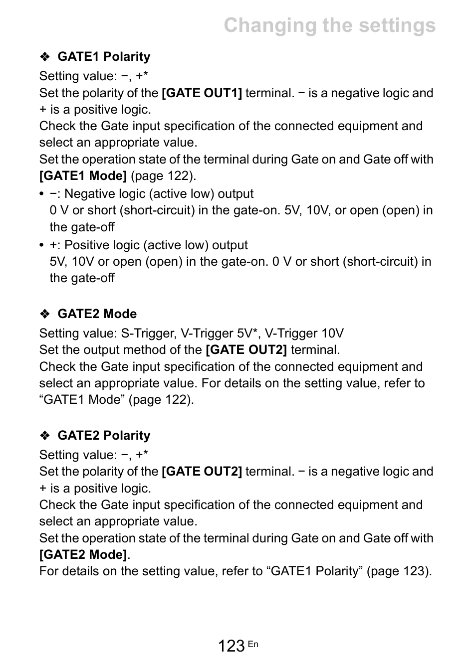 Gate1 polarity, Gate2 mode, Gate2 polarity | Gate1 polarity (123), Gate2 mode (123), Gate2 polarity (123), Changing the settings | Pioneer Toraiz SQUID - Creative Multitrack Sequencer User Manual | Page 123 / 177