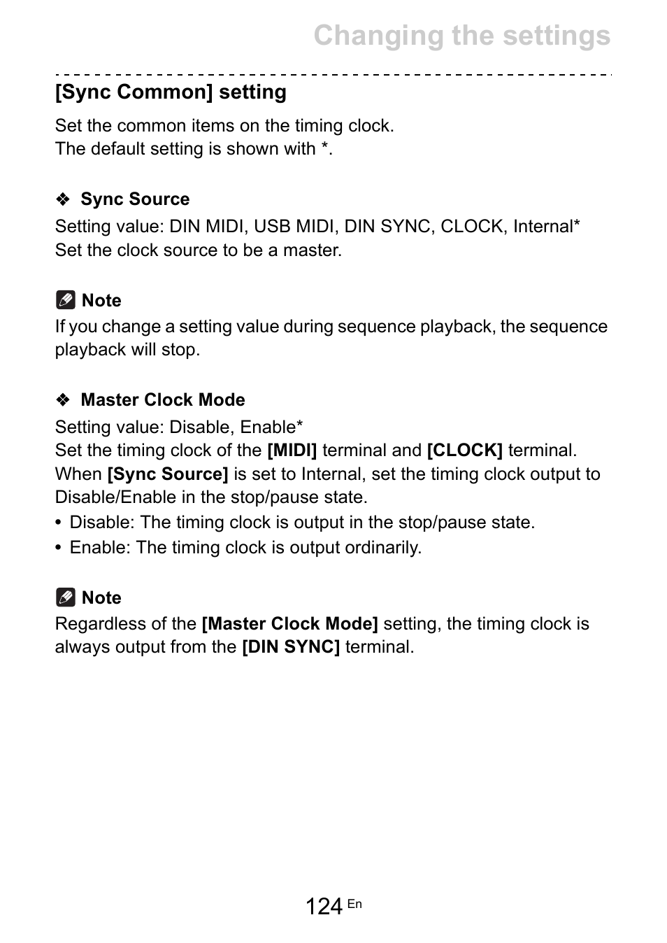 Sync common] setting, Sync source, Master clock mode | Sync common] setting (124), Sync source (124), Master clock mode (124), Changing the settings | Pioneer Toraiz SQUID - Creative Multitrack Sequencer User Manual | Page 124 / 177