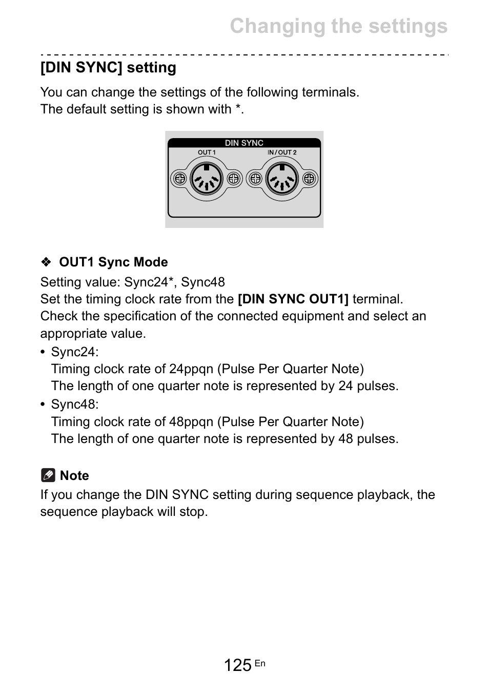 Din sync] setting, Out1 sync mode, Din sync] setting (125) | Out1 sync mode (125), Changing the settings | Pioneer Toraiz SQUID - Creative Multitrack Sequencer User Manual | Page 125 / 177