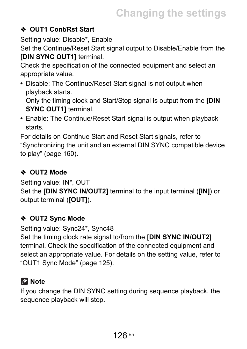 Out1 cont/rst start, Out2 mode, Out2 sync mode | Out1 cont/rst start (126), Out2 mode (126), Out2 sync mode (126), Changing the settings | Pioneer Toraiz SQUID - Creative Multitrack Sequencer User Manual | Page 126 / 177
