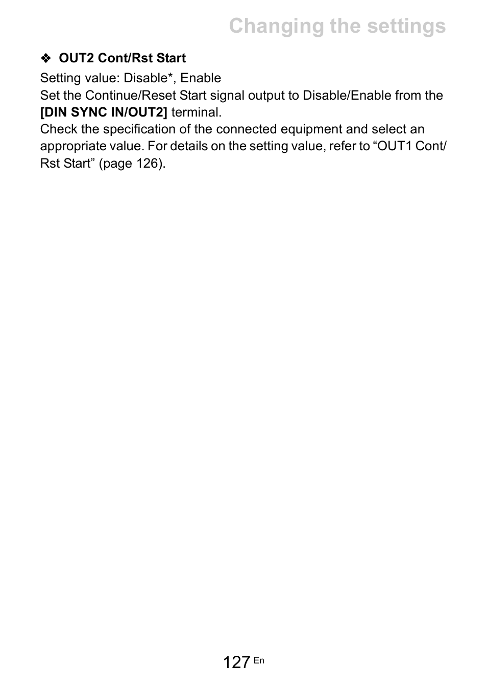 Out2 cont/rst start, Out2 cont/rst start (127), Changing the settings | Pioneer Toraiz SQUID - Creative Multitrack Sequencer User Manual | Page 127 / 177