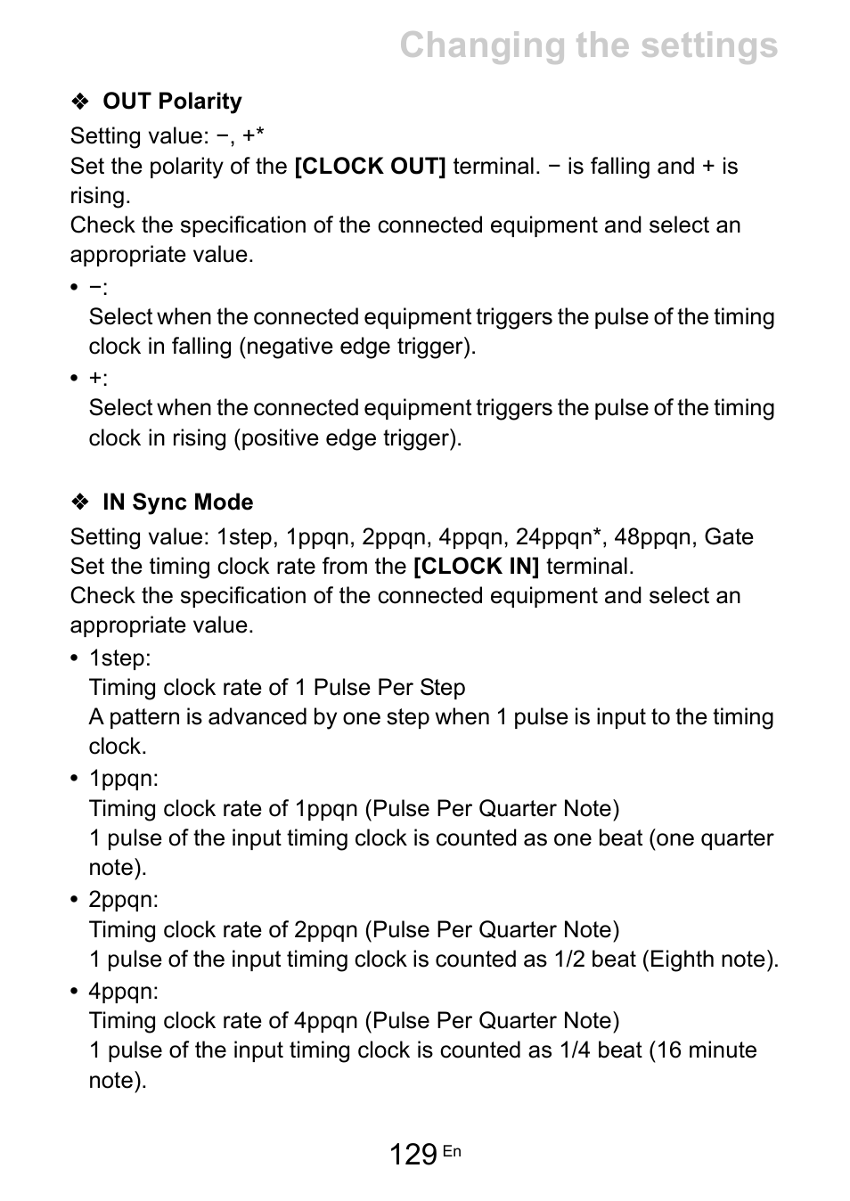 Out polarity, In sync mode, Out polarity (129) | In sync mode (129), Changing the settings | Pioneer Toraiz SQUID - Creative Multitrack Sequencer User Manual | Page 129 / 177