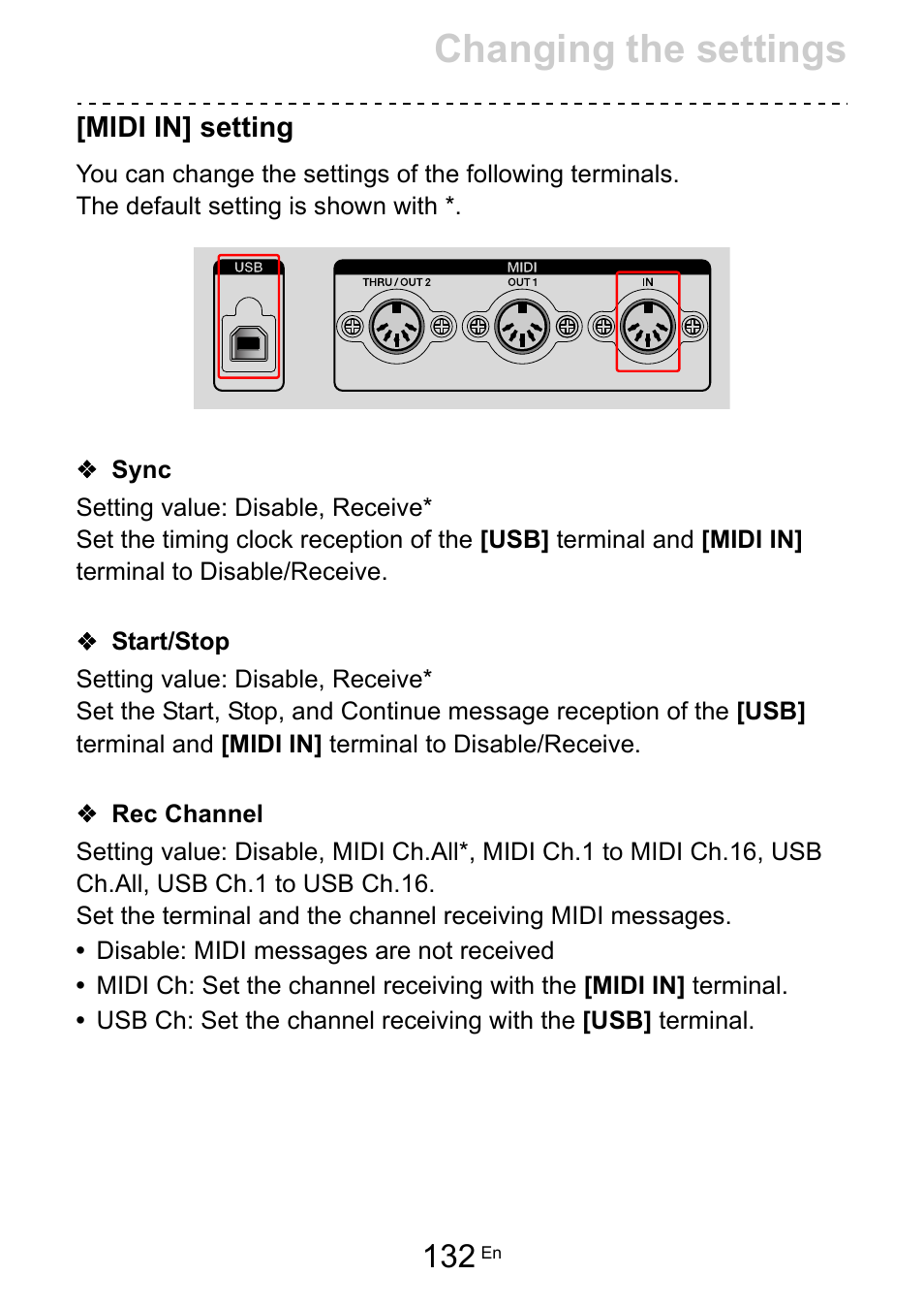 Midi in] setting, Sync, Start/stop | Rec channel, Midi in] setting (132), Sync (132), Start/stop (132), Rec channel (132), Changing the settings | Pioneer Toraiz SQUID - Creative Multitrack Sequencer User Manual | Page 132 / 177