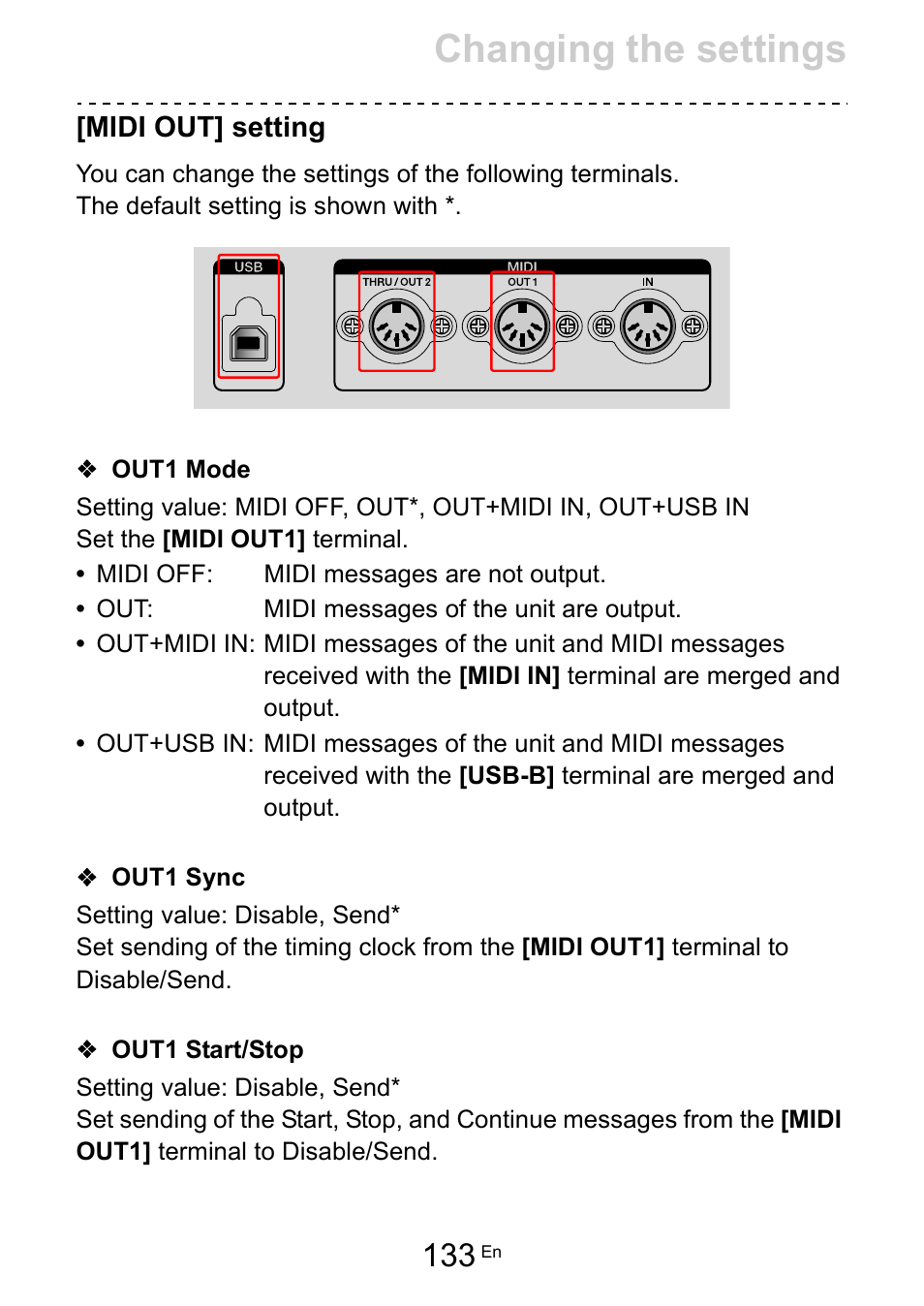 Midi out] setting, Out1 mode, Out1 sync | Out1 start/stop, Midi out] setting (133), Out1 mode (133), Out1 sync (133), Out1 start/stop (133), Changing the settings | Pioneer Toraiz SQUID - Creative Multitrack Sequencer User Manual | Page 133 / 177