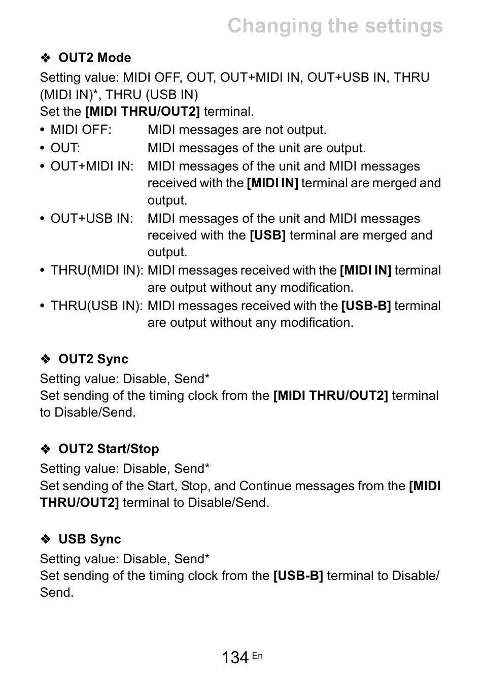 Out2 mode, Out2 sync, Out2 start/stop | Usb sync, Out2 mode (134), Out2 sync (134), Out2 start/stop (134), Usb sync (134), Changing the settings | Pioneer Toraiz SQUID - Creative Multitrack Sequencer User Manual | Page 134 / 177