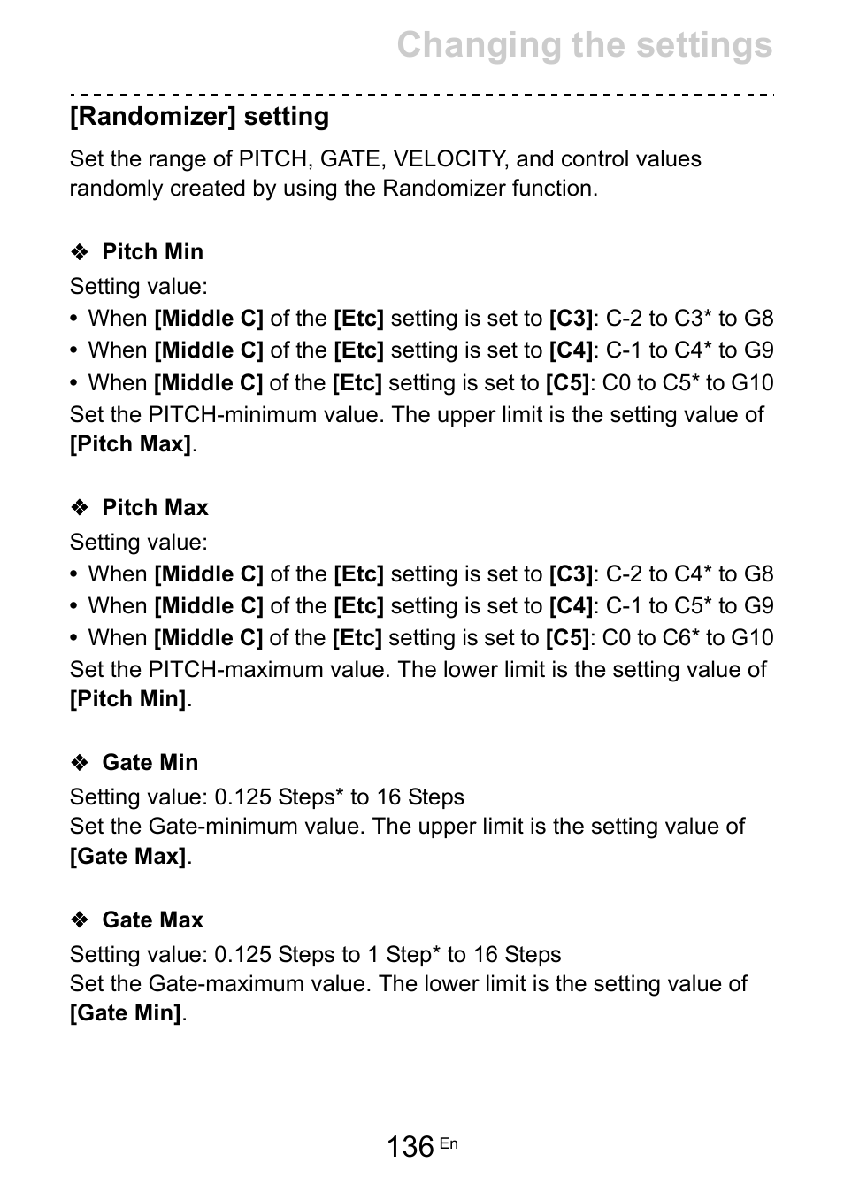 Randomizer] setting, Pitch min, Pitch max | Gate min, Gate max, Randomizer] setting (136), Pitch min (136), Pitch max (136), Gate min (136), Gate max (136) | Pioneer Toraiz SQUID - Creative Multitrack Sequencer User Manual | Page 136 / 177