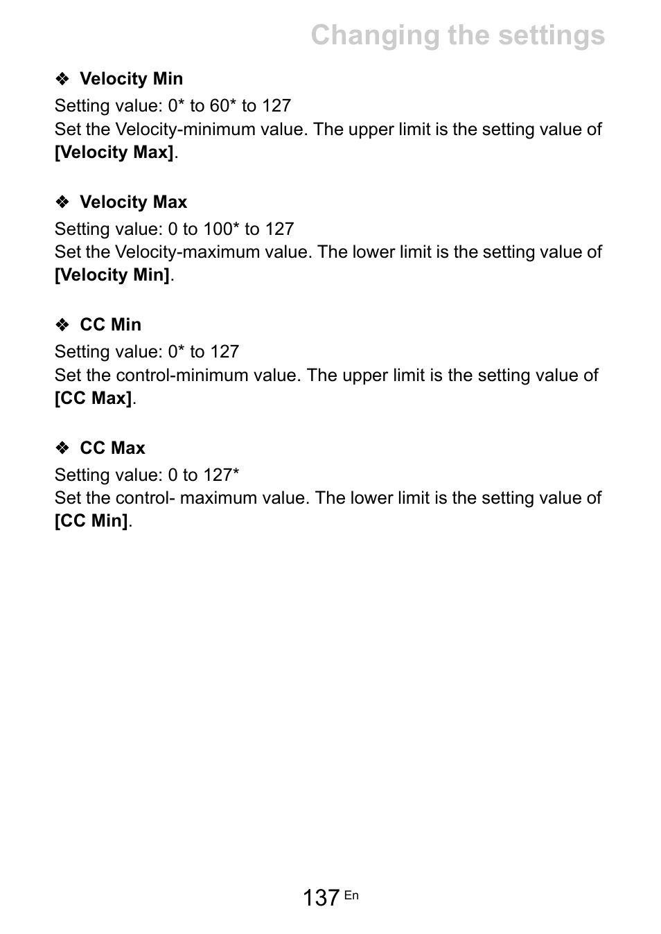 Velocity min, Velocity max, Cc min | Cc max, Velocity min (137), Velocity max (137), Cc min (137), Cc max (137), Changing the settings | Pioneer Toraiz SQUID - Creative Multitrack Sequencer User Manual | Page 137 / 177