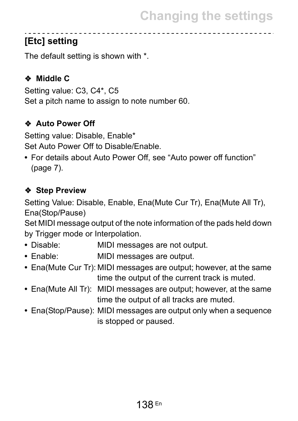 Etc] setting, Middle c, Auto power off | Step preview, Etc] setting (138), Middle c (138), Auto power off (138), Step preview (138), Changing the settings | Pioneer Toraiz SQUID - Creative Multitrack Sequencer User Manual | Page 138 / 177