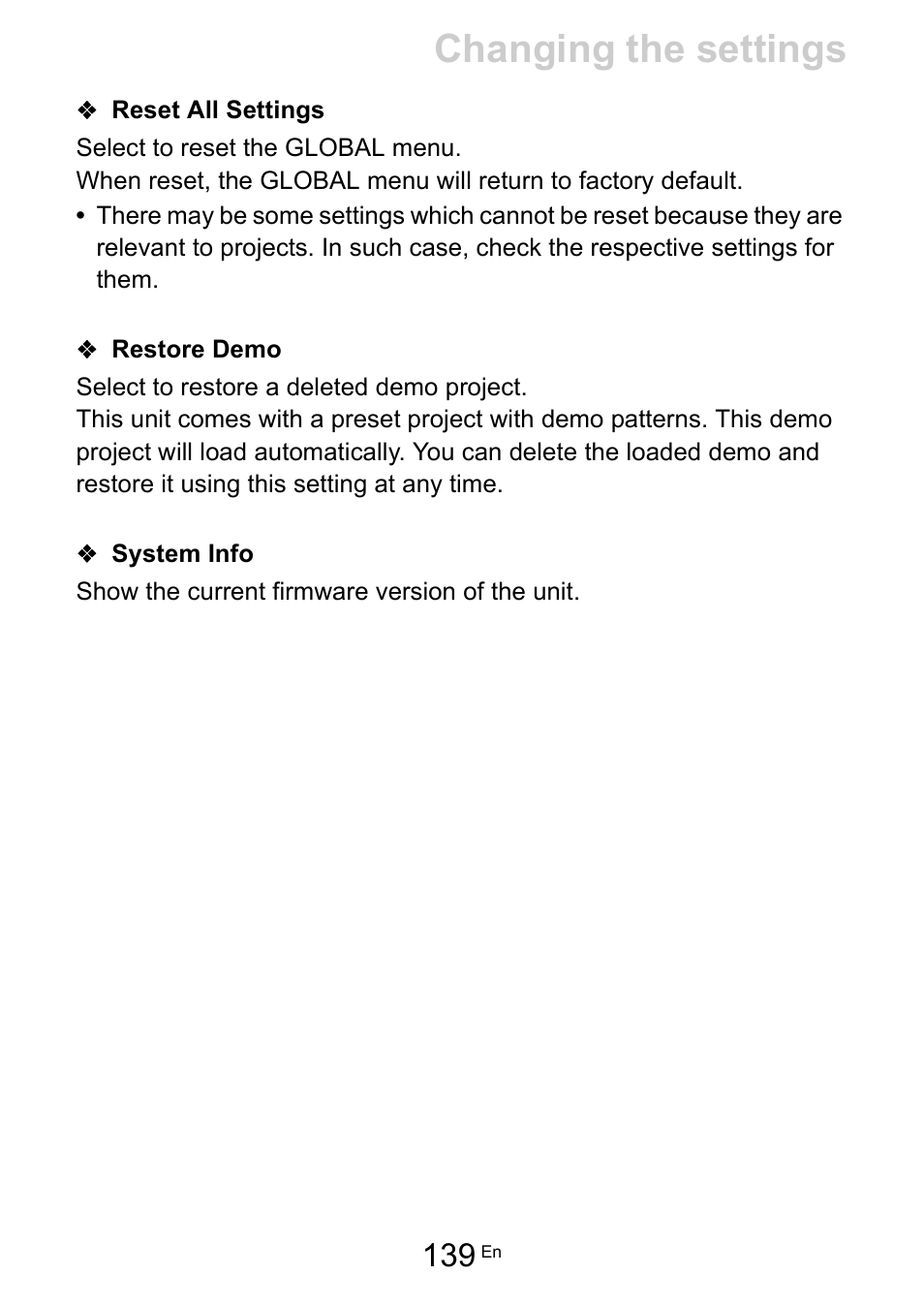 Reset all settings, Restore demo, System info | Reset all settings (139), Restore demo (139), System info (139), Changing the settings | Pioneer Toraiz SQUID - Creative Multitrack Sequencer User Manual | Page 139 / 177