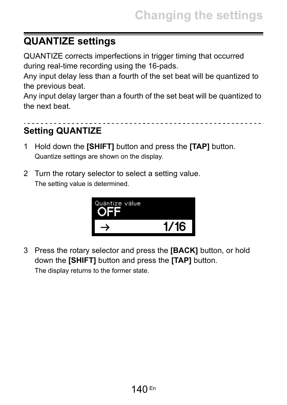 Quantize settings, Setting quantize, Changing the settings | Pioneer Toraiz SQUID - Creative Multitrack Sequencer User Manual | Page 140 / 177