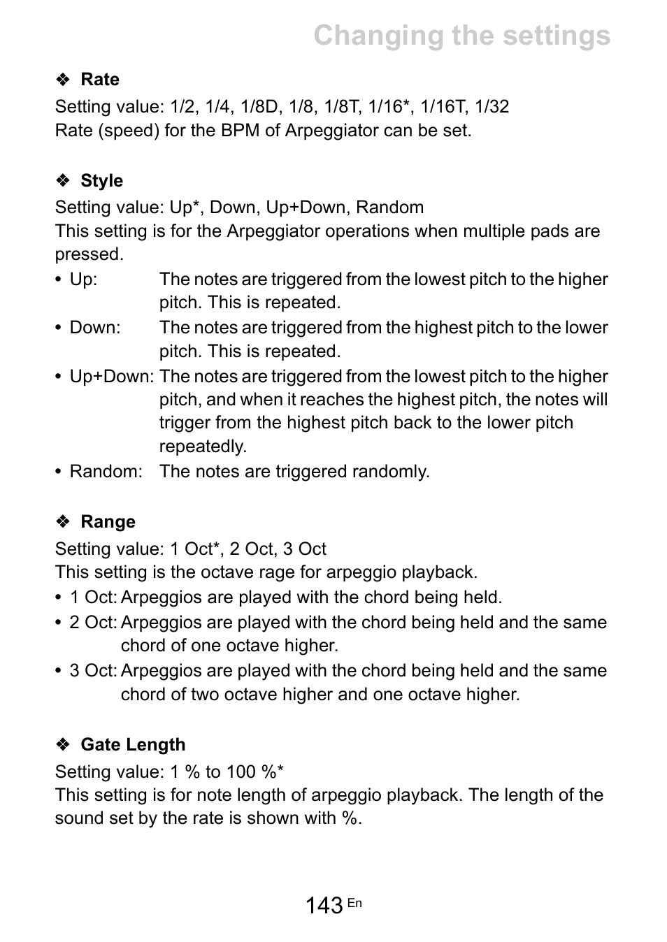 Rate, Style, Range | Gate length, Changing the settings | Pioneer Toraiz SQUID - Creative Multitrack Sequencer User Manual | Page 143 / 177