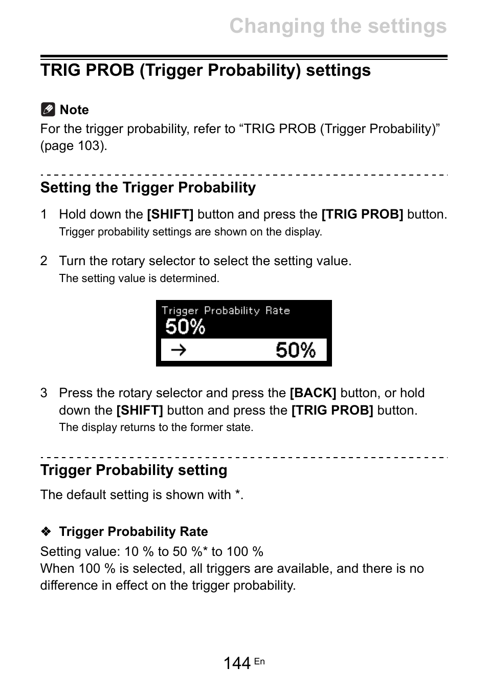 Trig prob (trigger probability) settings, Setting the trigger probability, Trigger probability setting | Trigger probability rate, Changing the settings | Pioneer Toraiz SQUID - Creative Multitrack Sequencer User Manual | Page 144 / 177