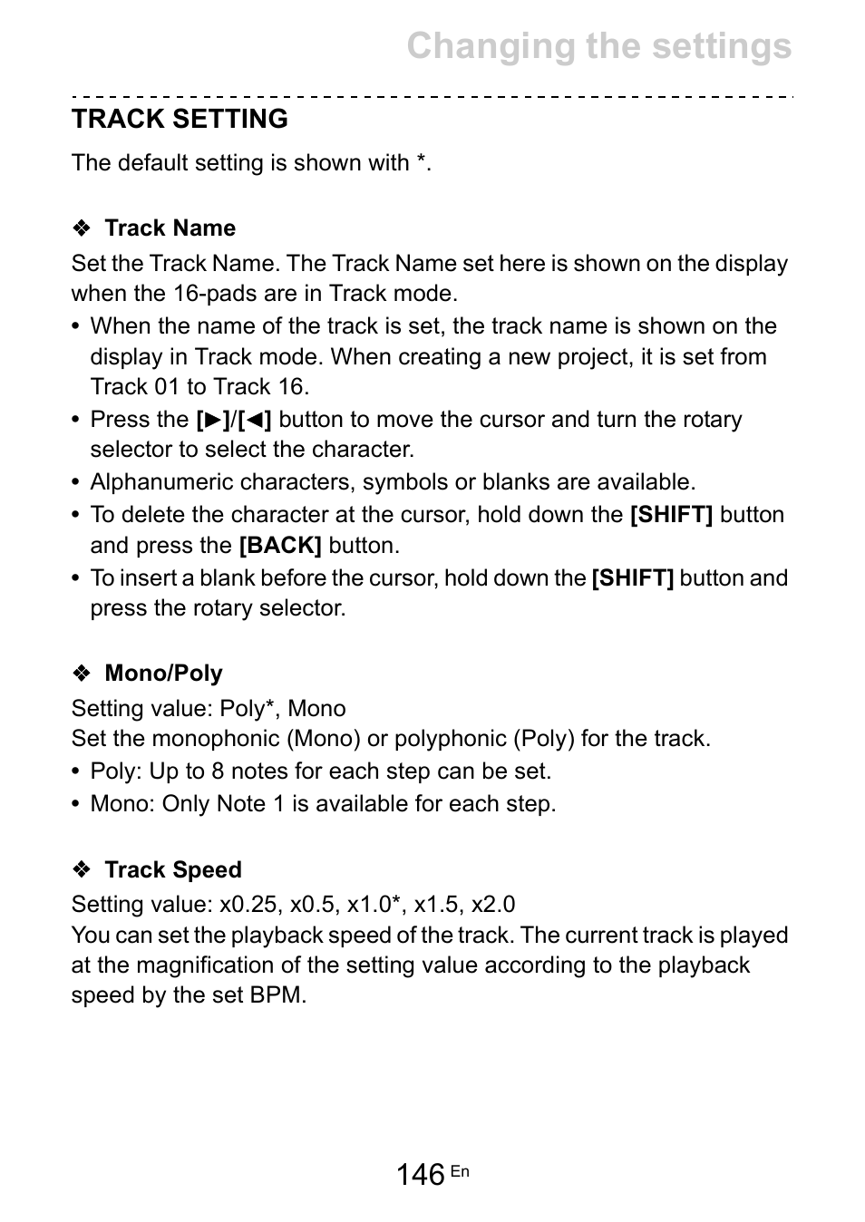 Track setting, Track name, Mono/poly | Track speed, Changing the settings | Pioneer Toraiz SQUID - Creative Multitrack Sequencer User Manual | Page 146 / 177