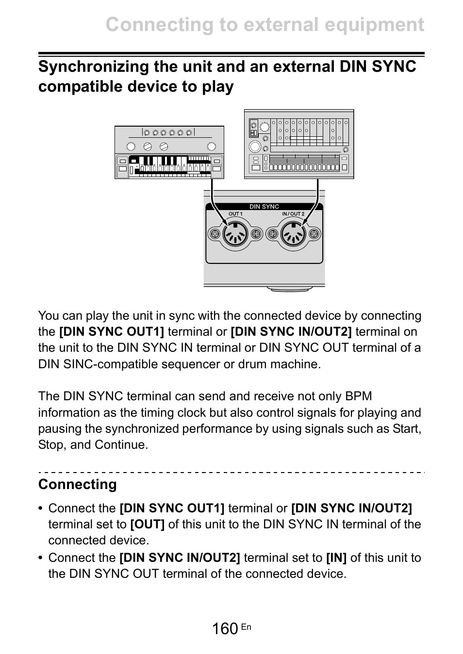 Connecting, Synchronizing the unit and an external din sync, Connecting to external equipment | Pioneer Toraiz SQUID - Creative Multitrack Sequencer User Manual | Page 160 / 177