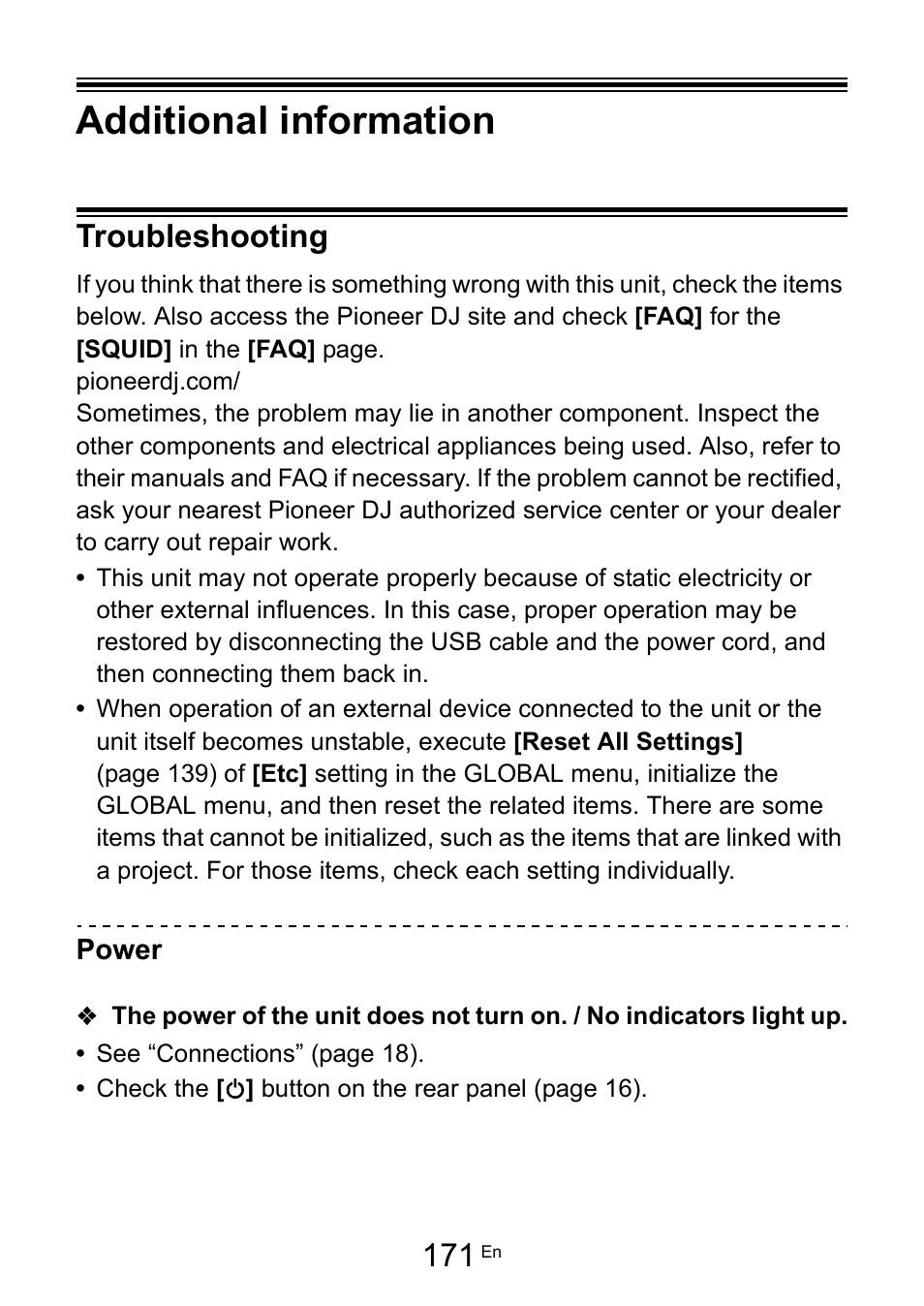 Additional information, Troubleshooting, Power | Pioneer Toraiz SQUID - Creative Multitrack Sequencer User Manual | Page 171 / 177