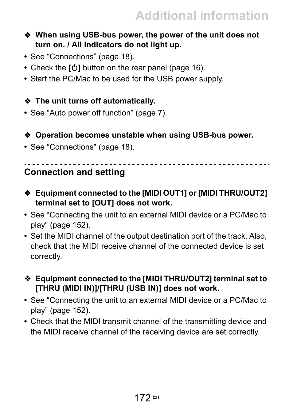 The unit turns off automatically, Connection and setting, Additional information | Pioneer Toraiz SQUID - Creative Multitrack Sequencer User Manual | Page 172 / 177