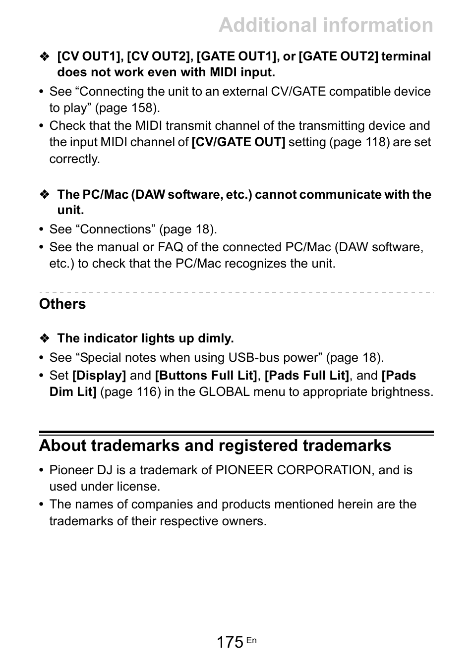 Others, The indicator lights up dimly, About trademarks and registered trademarks | Additional information | Pioneer Toraiz SQUID - Creative Multitrack Sequencer User Manual | Page 175 / 177