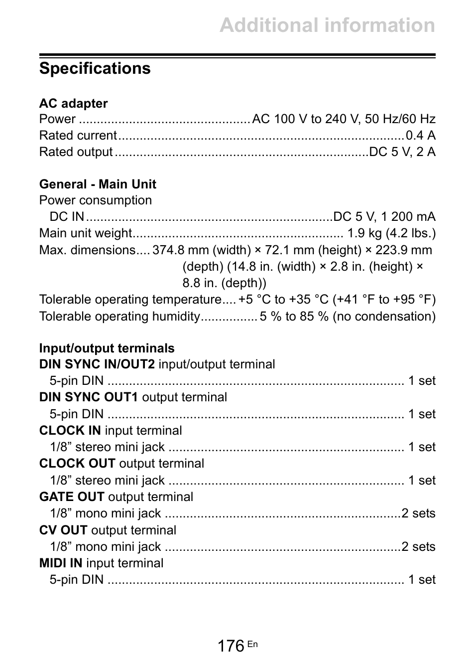 Specifications, Additional information | Pioneer Toraiz SQUID - Creative Multitrack Sequencer User Manual | Page 176 / 177