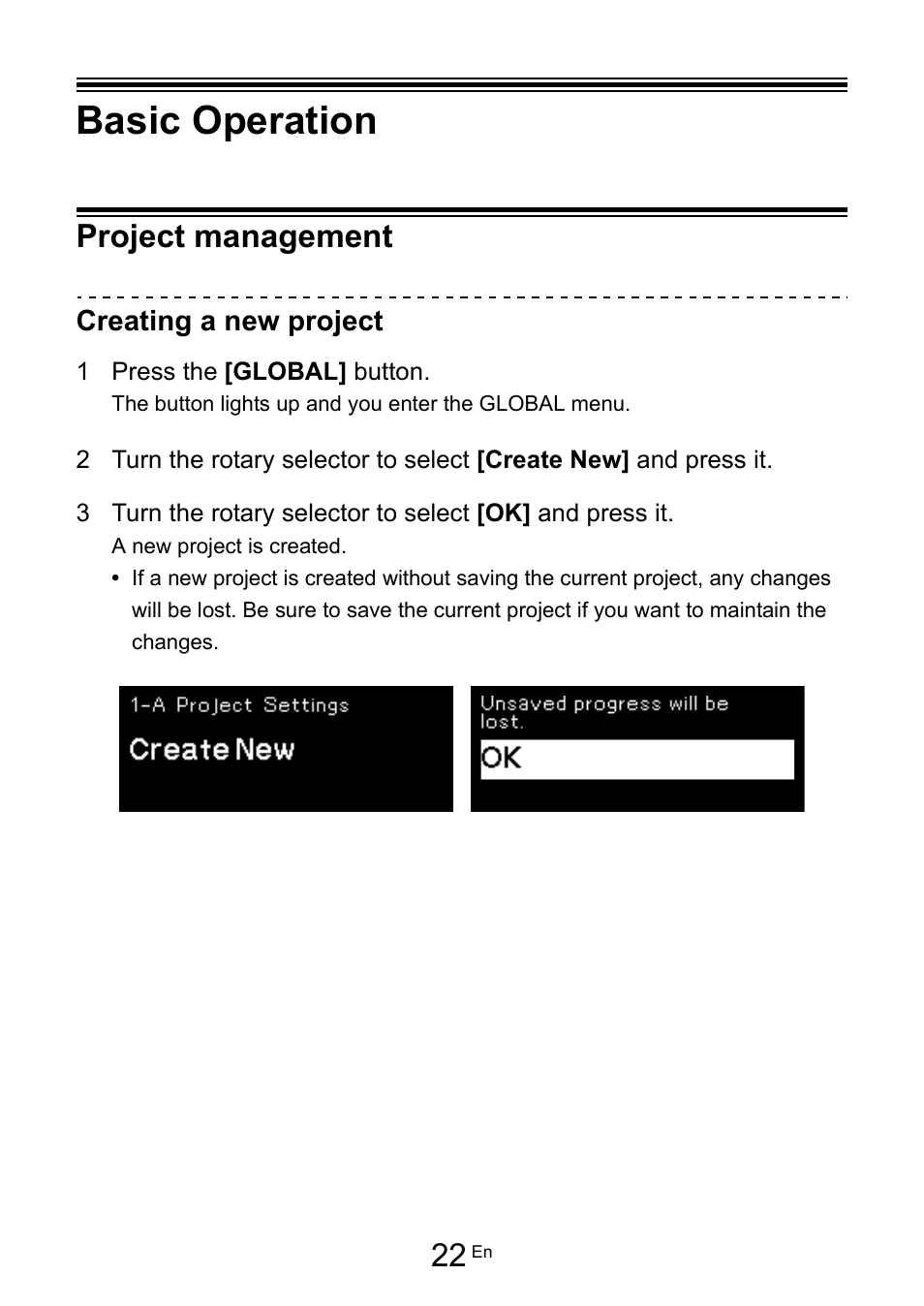 Basic operation, Project management, Creating a new project | Pioneer Toraiz SQUID - Creative Multitrack Sequencer User Manual | Page 22 / 177