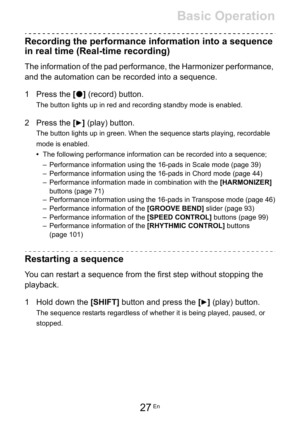 Restarting a sequence, Basic operation | Pioneer Toraiz SQUID - Creative Multitrack Sequencer User Manual | Page 27 / 177