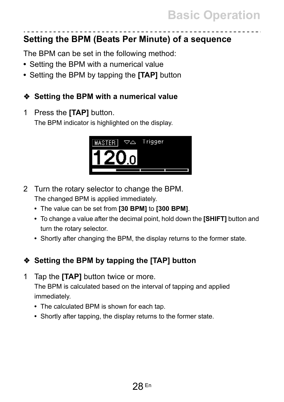 Setting the bpm (beats per minute) of a sequence, Setting the bpm with a numerical value, Setting the bpm by tapping the [tap] button | Basic operation | Pioneer Toraiz SQUID - Creative Multitrack Sequencer User Manual | Page 28 / 177