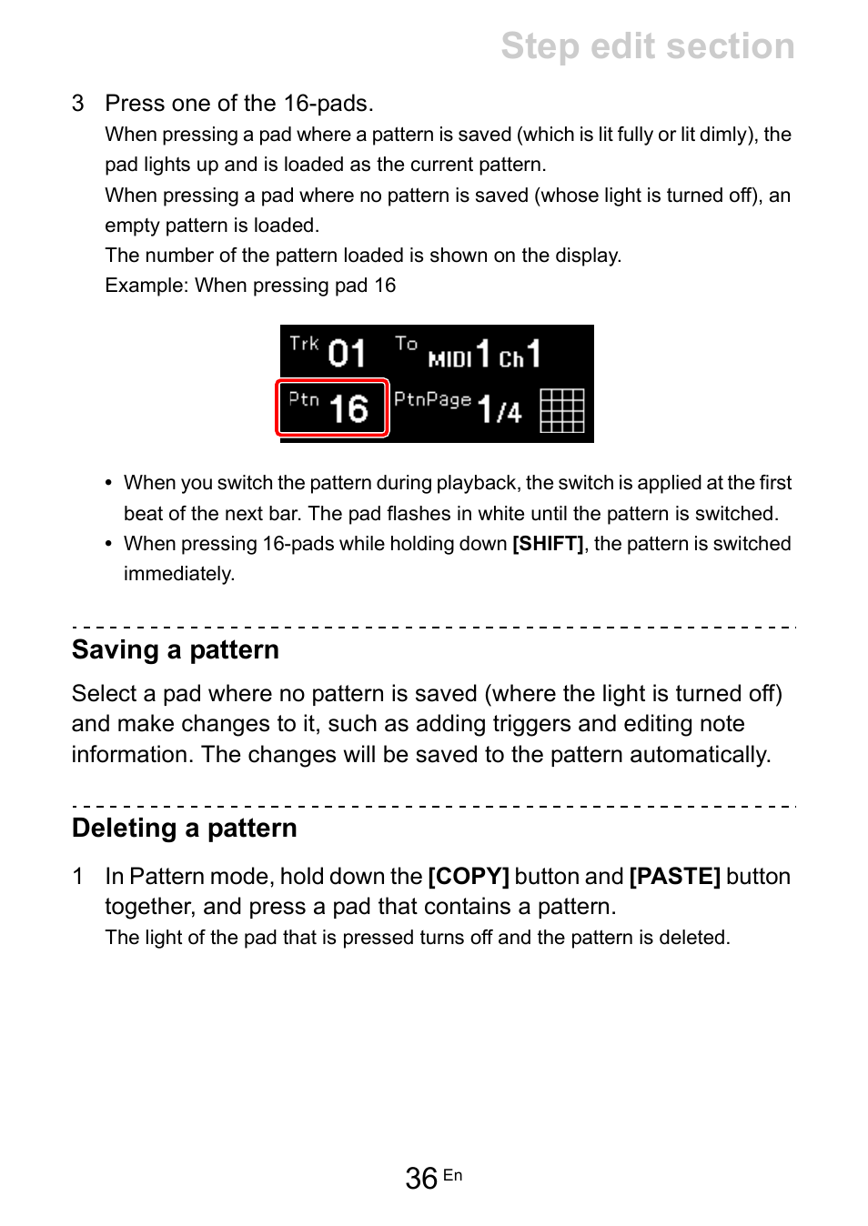 Saving a pattern, Deleting a pattern | Pioneer Toraiz SQUID - Creative Multitrack Sequencer User Manual | Page 36 / 177