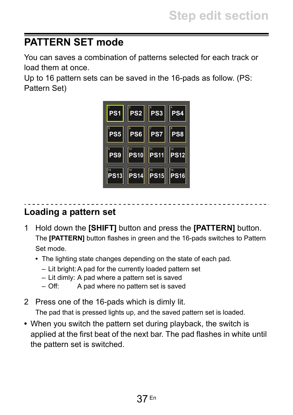 Pattern set mode, Loading a pattern set | Pioneer Toraiz SQUID - Creative Multitrack Sequencer User Manual | Page 37 / 177