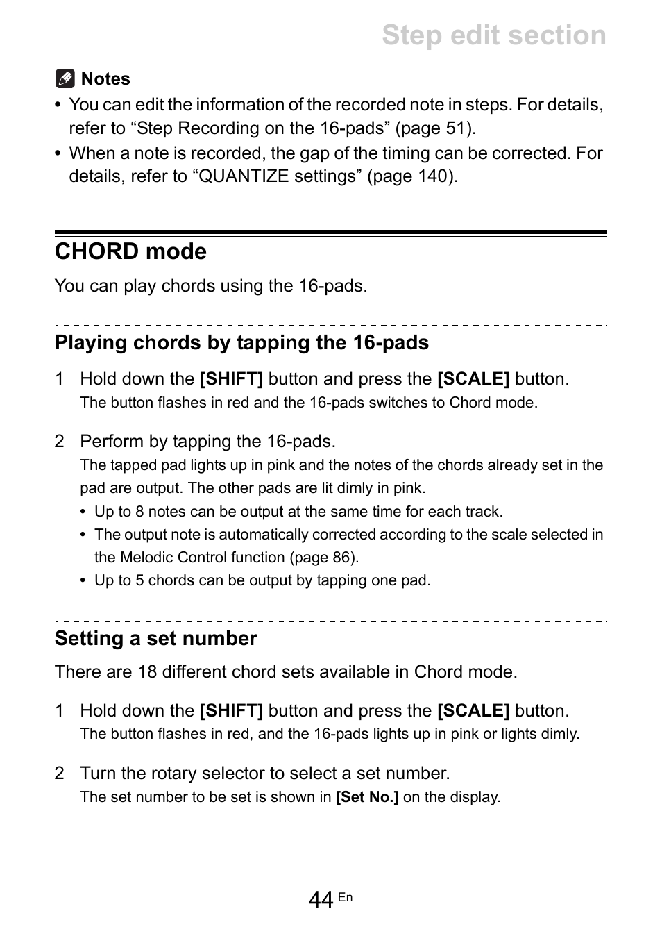 Chord mode, Playing chords by tapping the 16-pads, Setting a set number | Pioneer Toraiz SQUID - Creative Multitrack Sequencer User Manual | Page 44 / 177