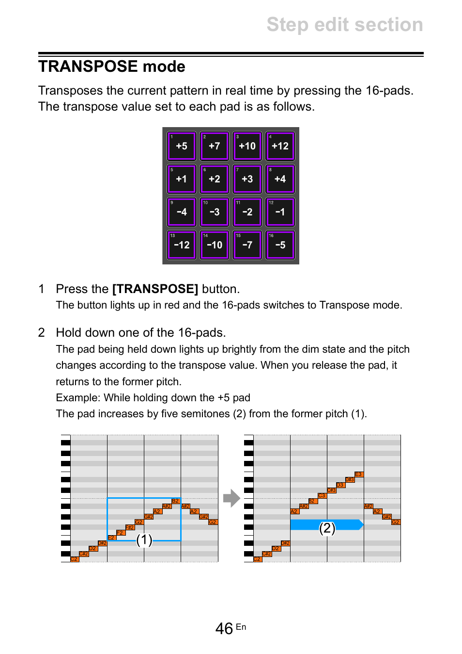 Transpose mode, 2 hold down one of the 16-pads | Pioneer Toraiz SQUID - Creative Multitrack Sequencer User Manual | Page 46 / 177