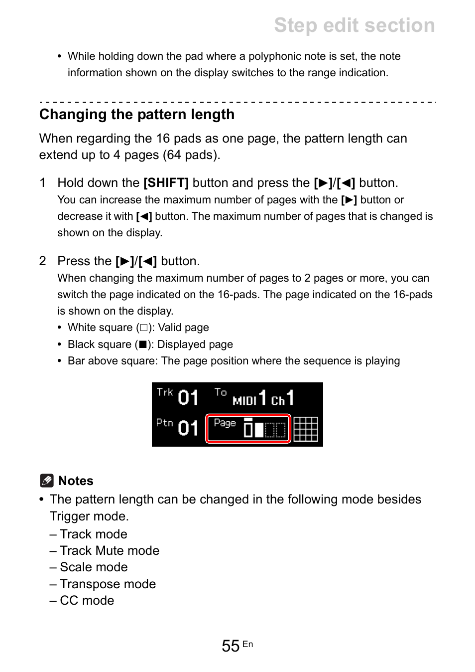 Changing the pattern length | Pioneer Toraiz SQUID - Creative Multitrack Sequencer User Manual | Page 55 / 177