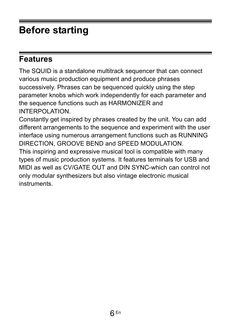 Before starting, Features | Pioneer Toraiz SQUID - Creative Multitrack Sequencer User Manual | Page 6 / 177