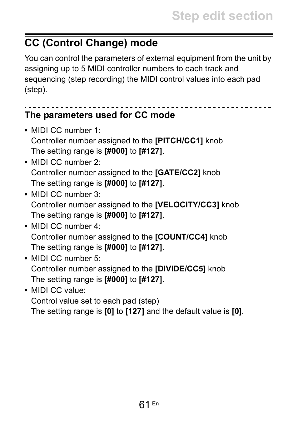 Cc (control change) mode, The parameters used for cc mode | Pioneer Toraiz SQUID - Creative Multitrack Sequencer User Manual | Page 61 / 177