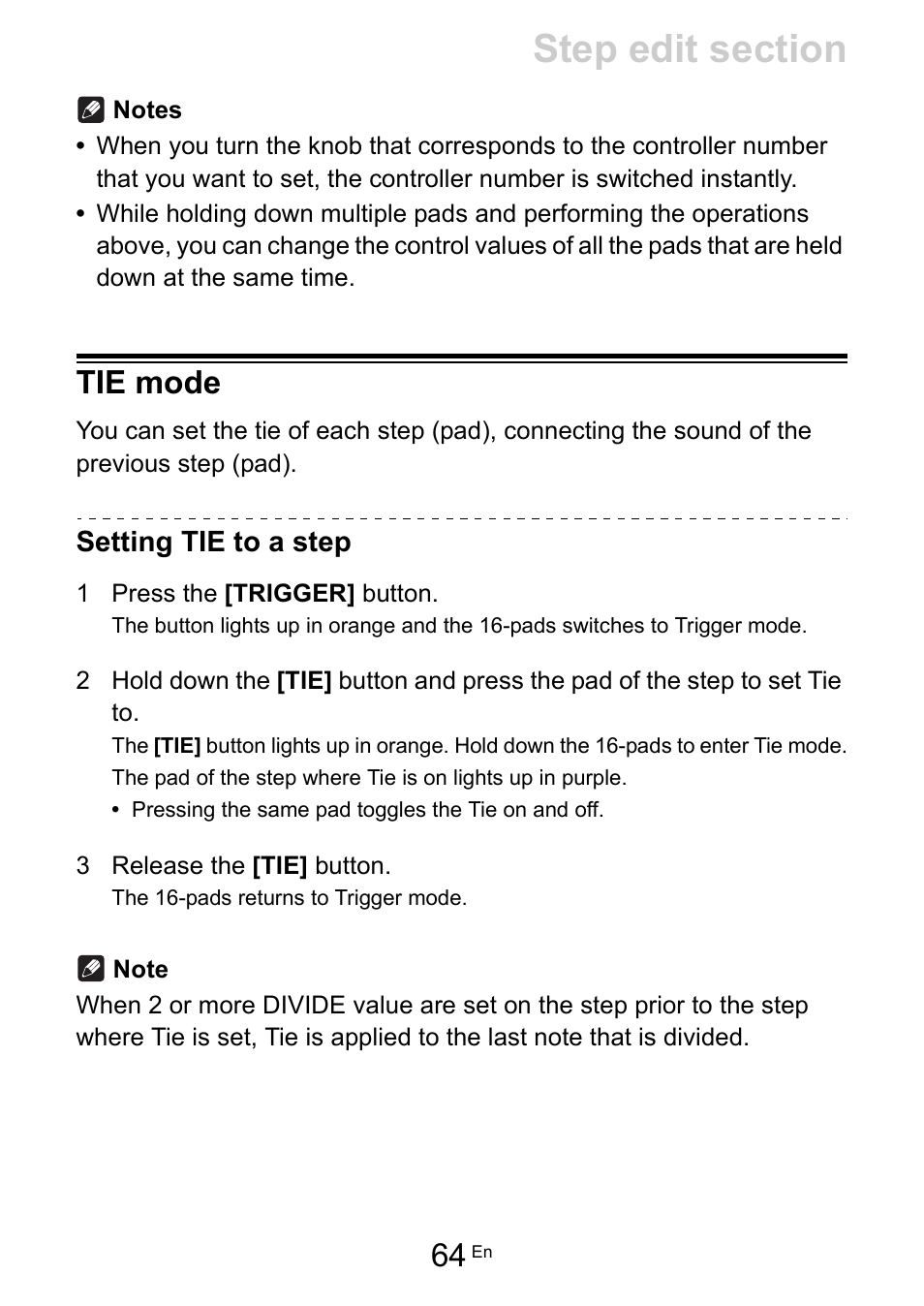 Tie mode, Setting tie to a step | Pioneer Toraiz SQUID - Creative Multitrack Sequencer User Manual | Page 64 / 177