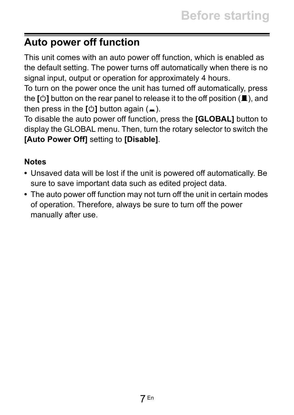 Auto power off function, Before starting | Pioneer Toraiz SQUID - Creative Multitrack Sequencer User Manual | Page 7 / 177