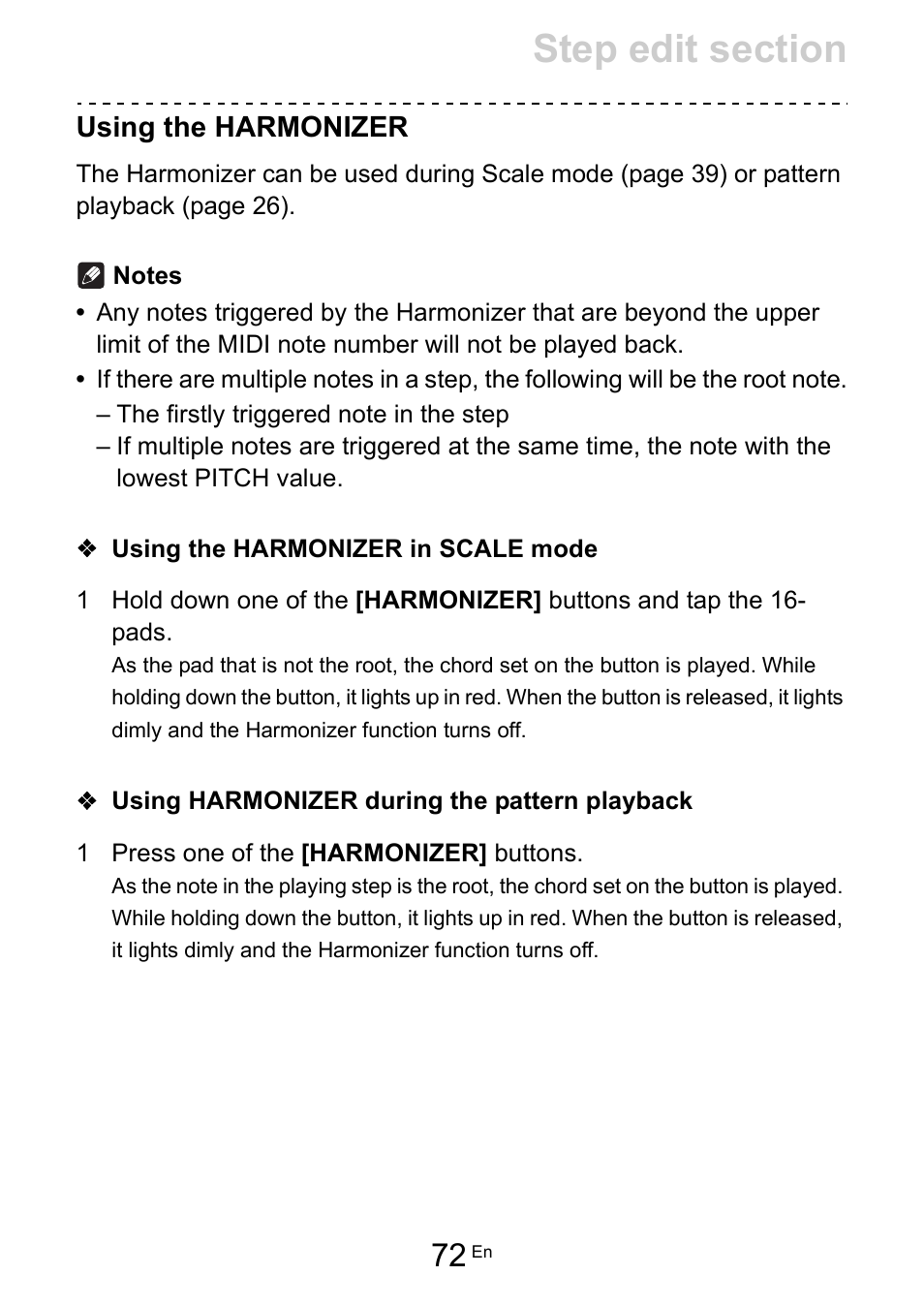 Using the harmonizer, Using the harmonizer in scale mode, Using harmonizer during the pattern playback | Pioneer Toraiz SQUID - Creative Multitrack Sequencer User Manual | Page 72 / 177