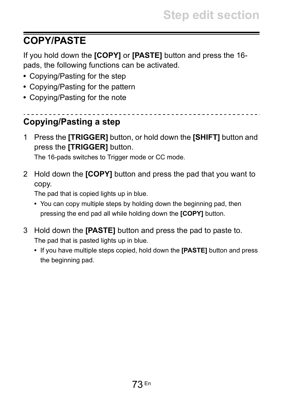 Copy/paste, Copying/pasting a step | Pioneer Toraiz SQUID - Creative Multitrack Sequencer User Manual | Page 73 / 177