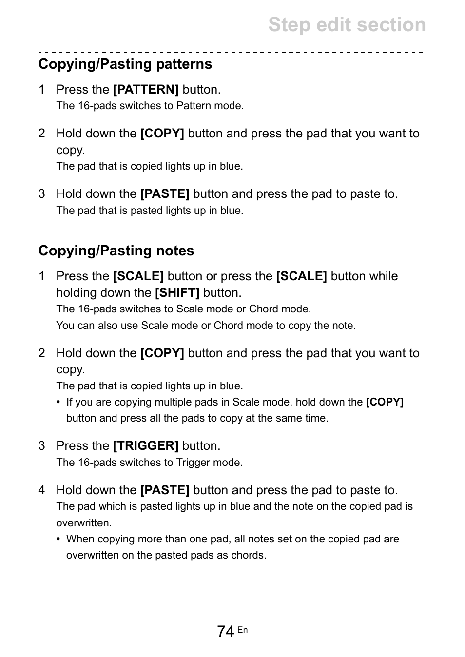 Copying/pasting patterns, Copying/pasting notes | Pioneer Toraiz SQUID - Creative Multitrack Sequencer User Manual | Page 74 / 177