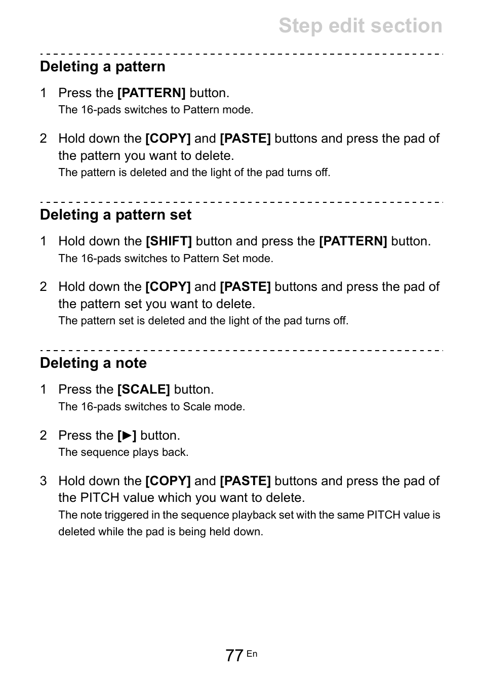 Deleting a pattern, Deleting a pattern set, Deleting a note | Pioneer Toraiz SQUID - Creative Multitrack Sequencer User Manual | Page 77 / 177